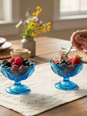 Anchor Hocking Blue Fairfield Pedestal Compote Dishes 70s Vintage Bohemian Glass